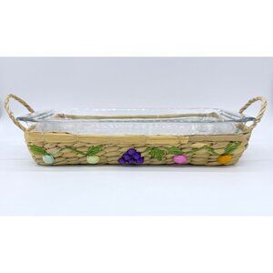 Vintage Clear Glass Casserole Dish In A Raffia Wicker Serving Basket With Colorf